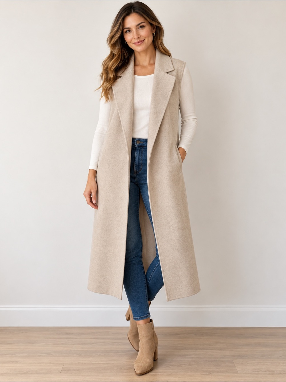 Joie Long Sleeveless Notched Lapel Vest in Light Beige
